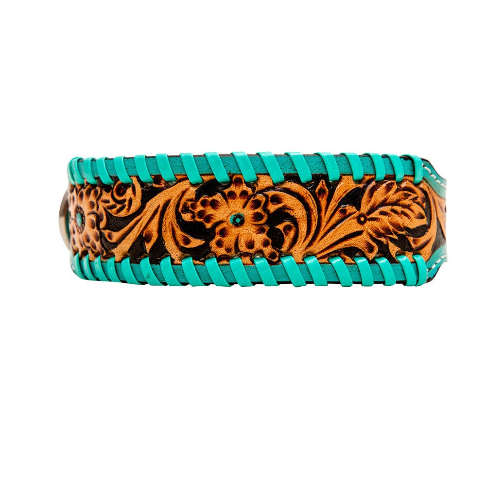 Hand-Tooled Leather Dog Collar: Aqua / LARGE