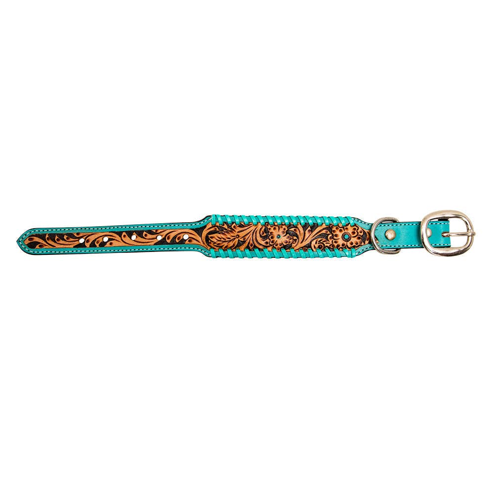 Hand-Tooled Leather Dog Collar: Aqua / LARGE