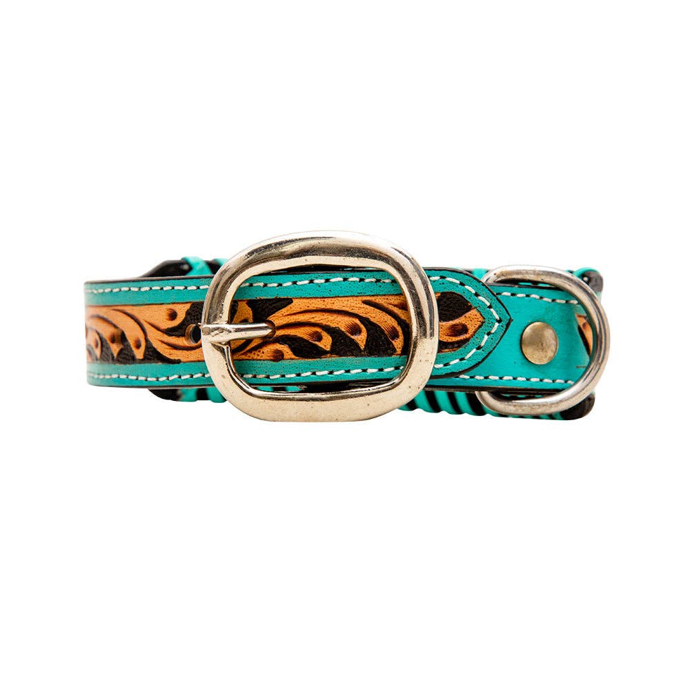 Hand-Tooled Leather Dog Collar: Aqua / LARGE