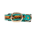 Hand-Tooled Leather Dog Collar: Aqua / MEDIUM