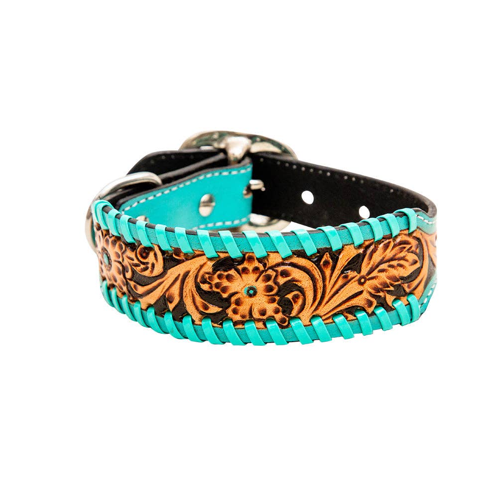 Hand-Tooled Leather Dog Collar: Aqua / MEDIUM