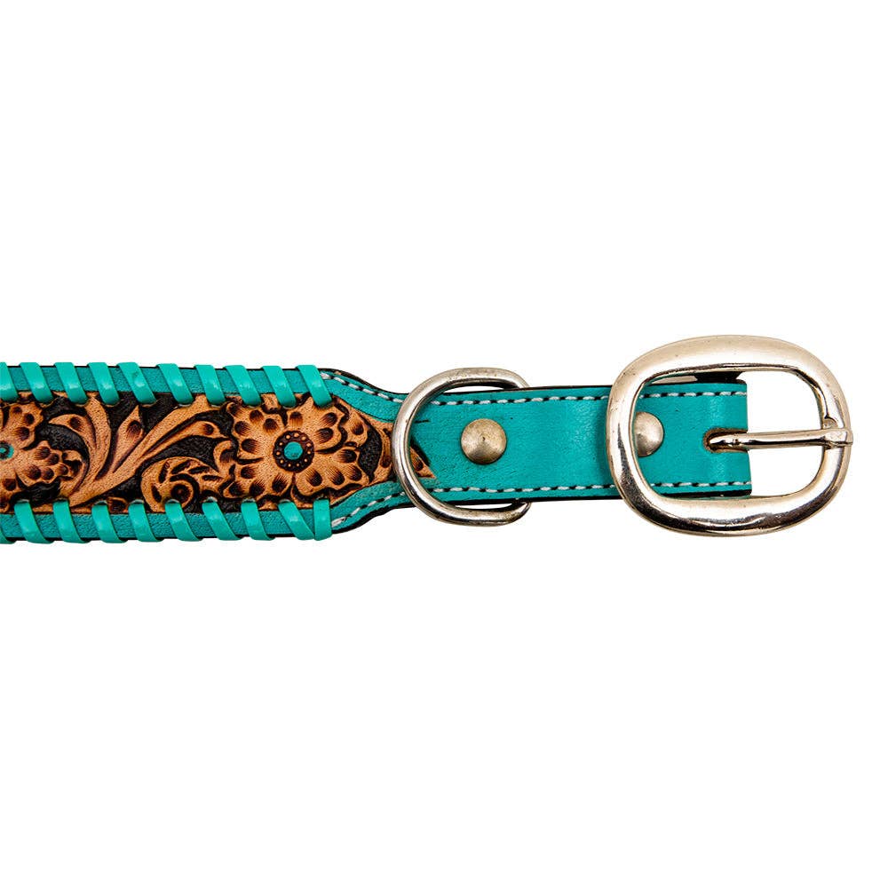 Hand-Tooled Leather Dog Collar: Aqua / LARGE